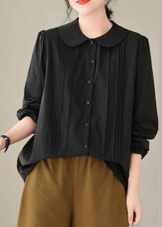 Black Loose Cotton Shirts Tops Peter Pan Collar Wrinkled Spring