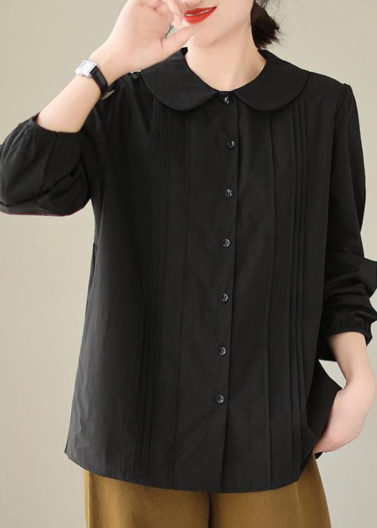 Black Loose Cotton Shirts Tops Peter Pan Collar Wrinkled Spring