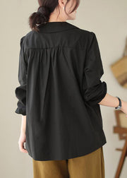 Black Loose Cotton Shirts Tops Peter Pan Collar Wrinkled Spring