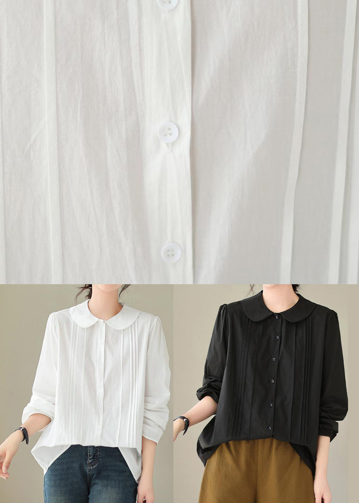 Black Loose Cotton Shirts Tops Peter Pan Collar Wrinkled Spring