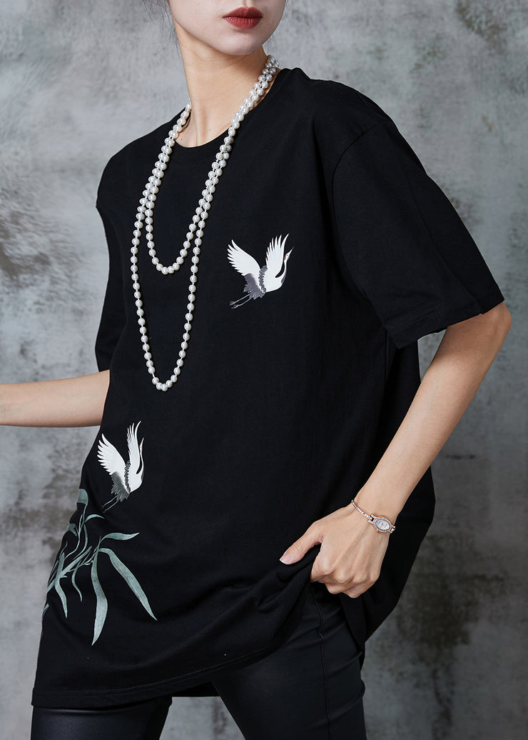 Black Loose Cotton Tank Tops Red-crowned Crane Print Summer