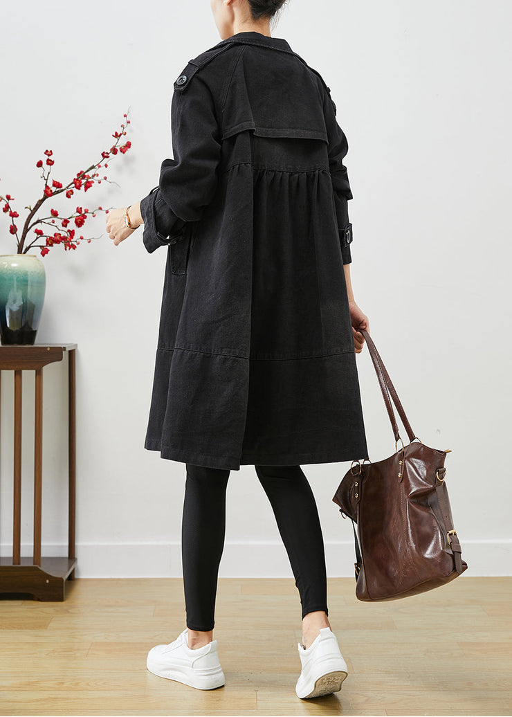 Black Loose Denim Coat Outwear Peter Pan Collar Double Breast Fall