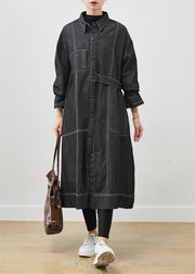 Black Loose Denim Trench Coat Oversized Pockets Spring