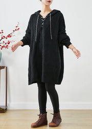 Black Loose Knit Long Sweater Dress Hooded Fall