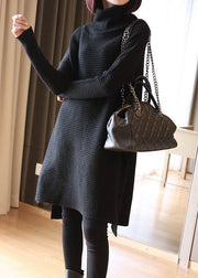 Black Loose Knit Long Sweater Turtle Neck Side Open Spring