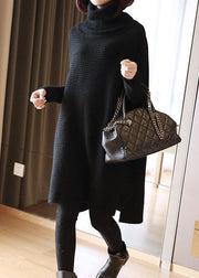 Black Loose Knit Long Sweater Turtle Neck Side Open Spring