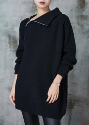 Black Loose Knit Sweaters Asymmetrical Zip Up Spring