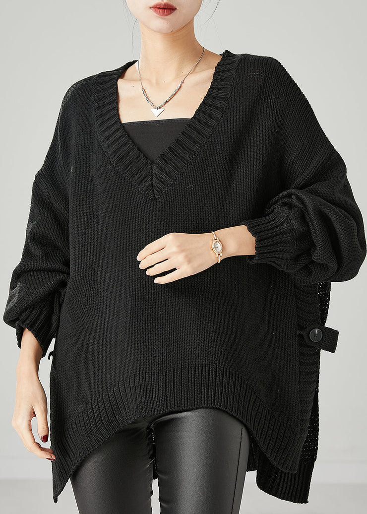 Black Loose Knit Sweaters V Neck Side Open Spring