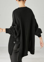 Black Loose Knit Sweaters V Neck Side Open Spring