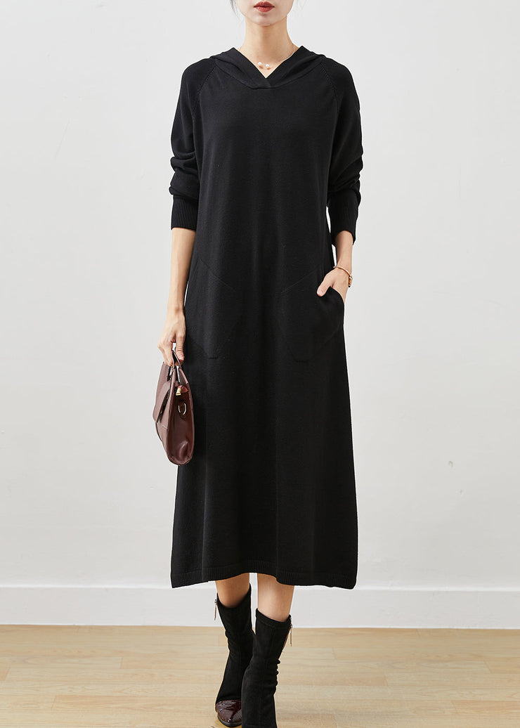 Black Loose Knit Vacation Dresses Hooded Pockets Spring