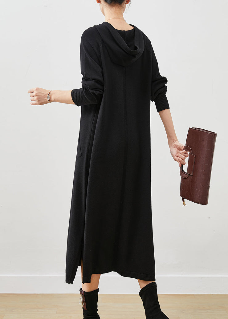 Black Loose Knit Vacation Dresses Hooded Pockets Spring