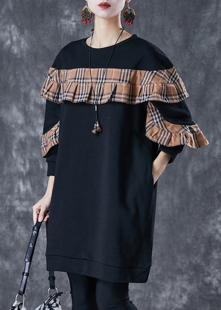 Black Loose Patchwork Cotton Sweatshirt Dress Ruffled Fall