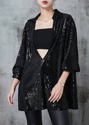 Black Loose Sequins Shirt Top Deep V-neck Spring