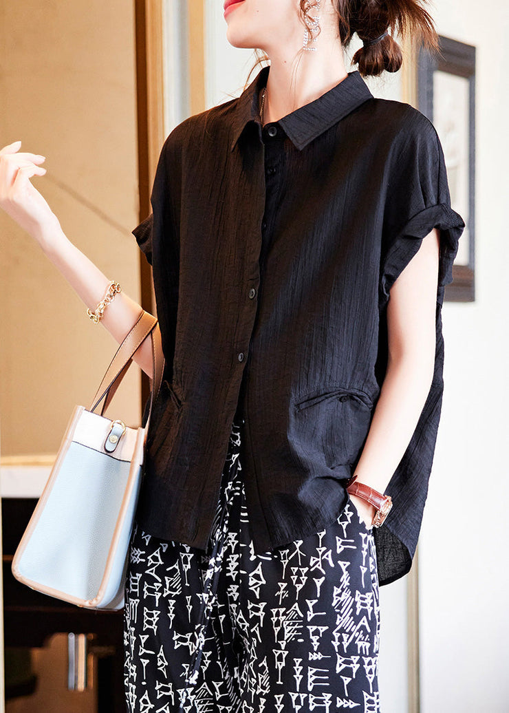 Black Low High Design Button Solid Silk Shirt Summer