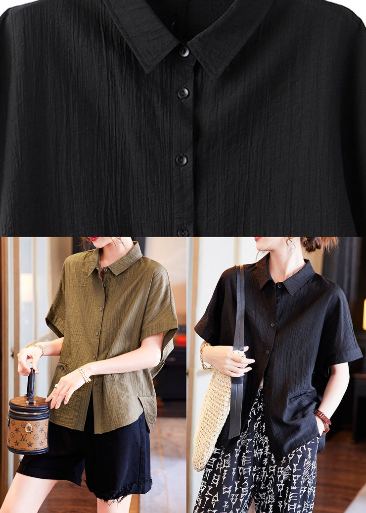 Black Low High Design Button Solid Silk Shirt Summer