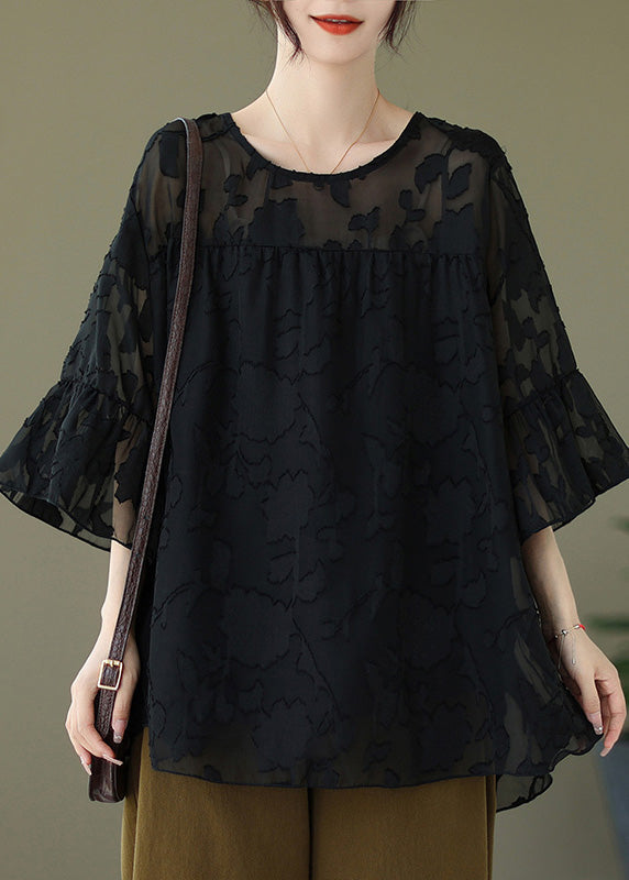 Black Low High Design Loose Tulle Shirt O Neck Summer