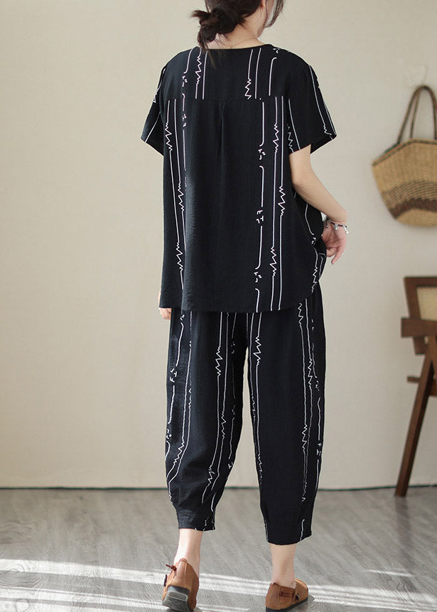 Black Low High Design Top And Harem Pants Two Piece Set Short Sleeve