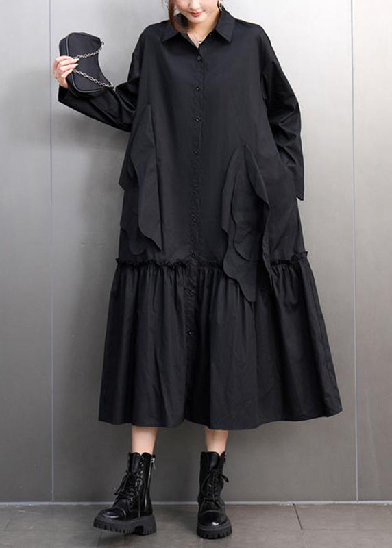 Black Maxi Shirts Dress Ruffled Patchwork Spring