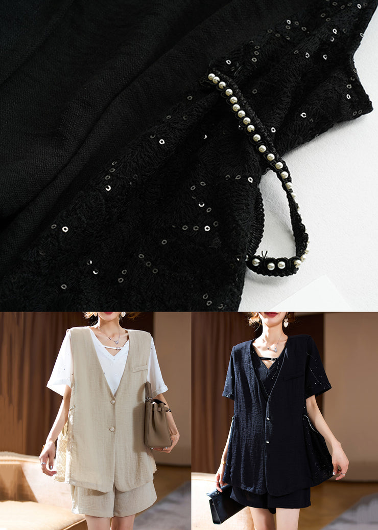 Black Nail Bead Cotton Two Pieces Set V Neck Sleeveless