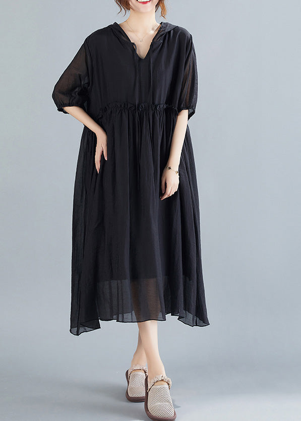 Black Neck Tie Ruffled Long Dresses Short Sleeve