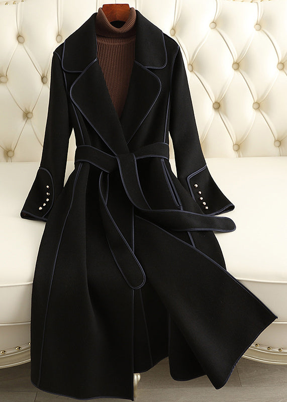 Black Notched Button Woolen Long Coats Fall