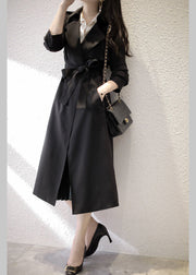 Black Notched Tie Waist Trench Coats Long Sleeve