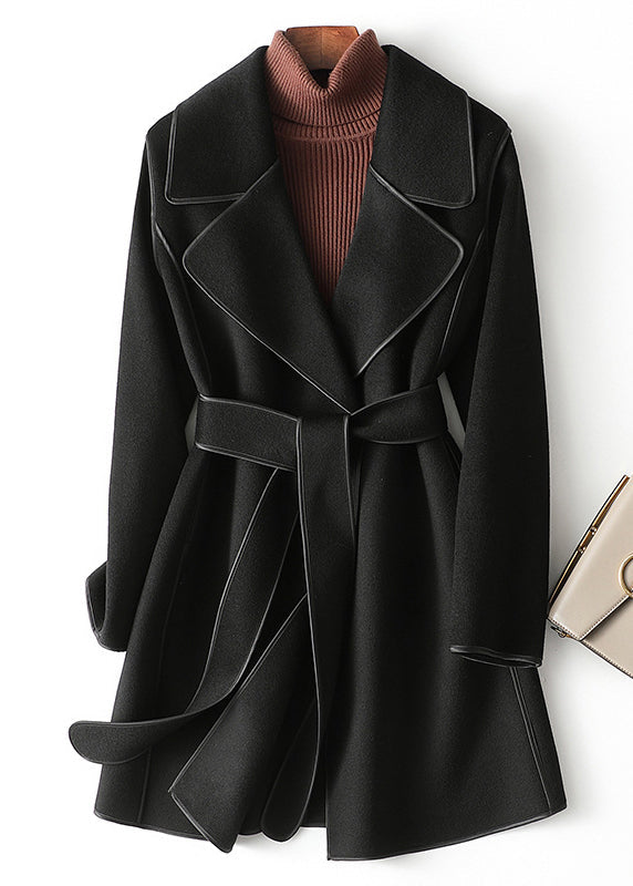 Black Notched Tie Waist Woolen Coats Fall