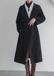 Black Notched Tie Waist Woolen Long Coats Fall