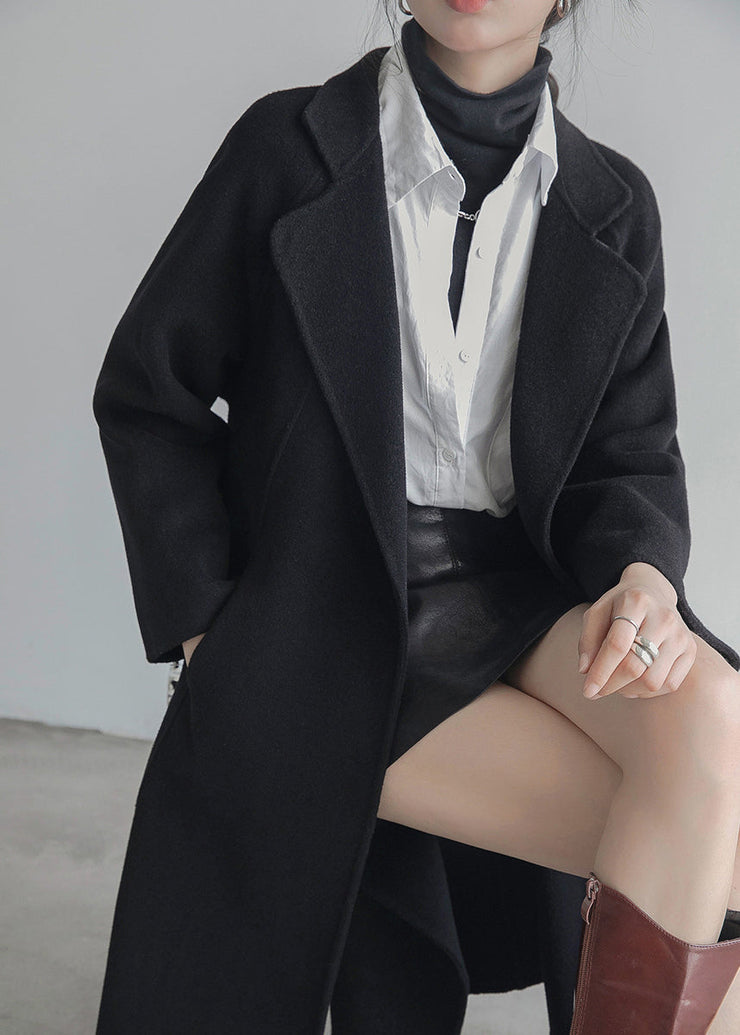 Black Notched Tie Waist Woolen Long Coats Fall