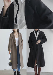 Black Notched Tie Waist Woolen Long Coats Fall