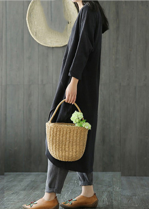 Black O-Neck Asymmetrical Linen Long Dress Long Sleeve