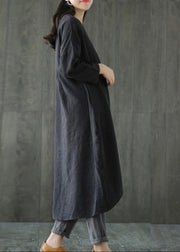 Black O-Neck Asymmetrical Linen Long Dress Long Sleeve