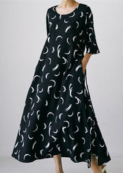 Black O-Neck Bow Tie Waist Silk Maxi Dress Long Sleev