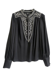 Black O-Neck Hollow Out Button Silk Shirt Long Sleeve