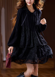 Black O-Neck Lace Hooded Mid Dress Spring