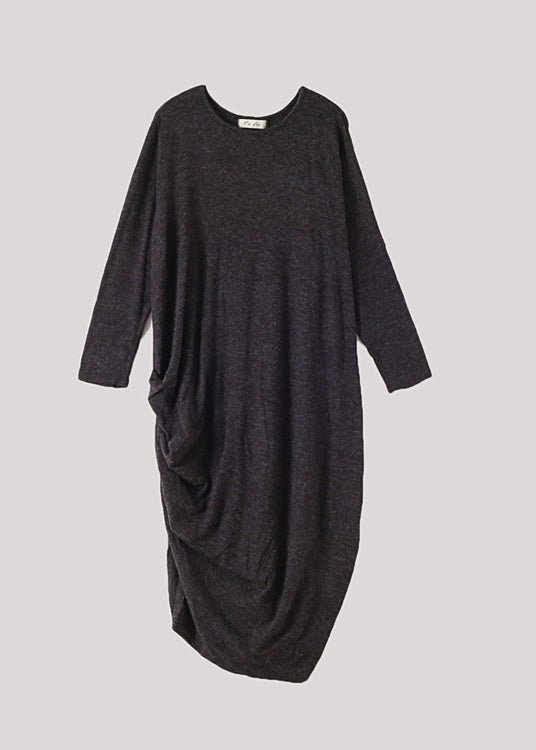 Black O-Neck Low High Design Wool Knit Maxi Sweater Dress Fall