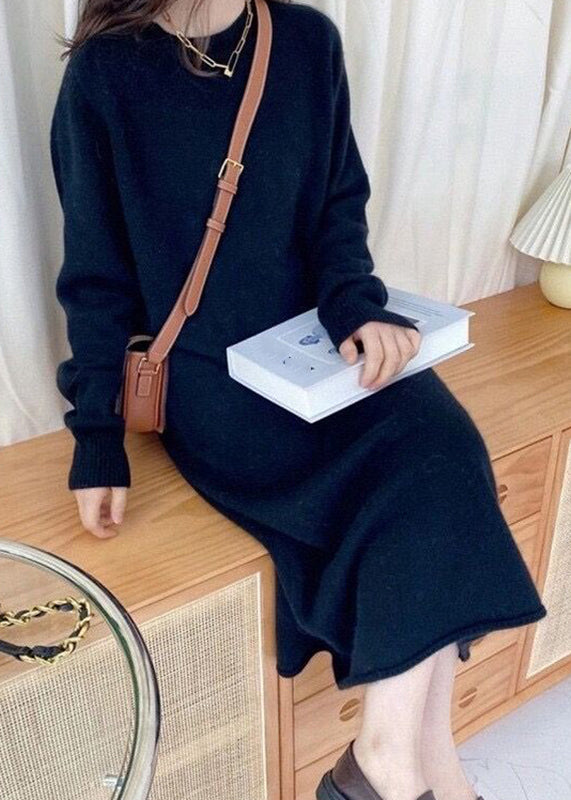 Black O-Neck Maxi Cashmere Knit Dress Long Sleeve