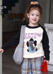 Black O-Neck Patchwork Cotton Knit Girls Sweater Spring