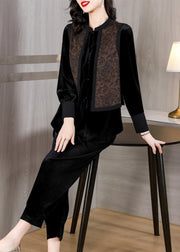 Black O-Neck Print Silk Velour Shirts And Harem Pants Two Pieces Set Fall