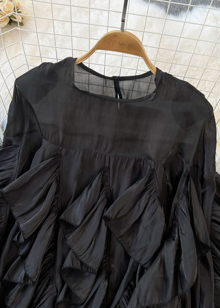 Black O-Neck Ruffled Patchwork Button Silk Top Long Sleeve