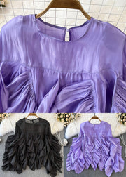 Rose O-Neck Ruffled Patchwork Button Silk Top Long Sleeve