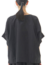 Black O-Neck Solid Cotton Top Lantern Sleeve