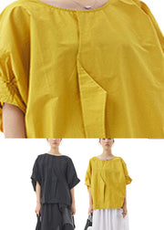 Black O-Neck Solid Cotton Top Lantern Sleeve