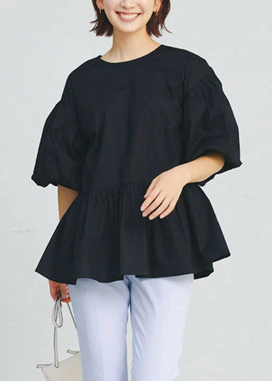 Black O-Neck Wrinkled Cotton Shirt Puff Sleeve