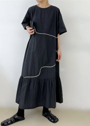 Black O-Neck Wrinkled Long Dress Summer