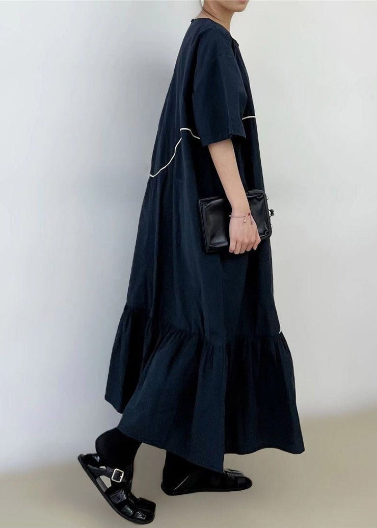 Black O-Neck Wrinkled Long Dress Summer