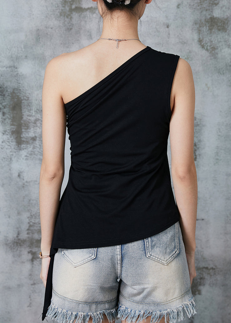 Black One Shoulder Cotton Top Asymmetrical Design Summer