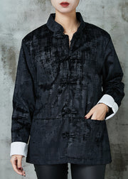Black Oriental Cotton Jackets Mandarin Collar Pockets Spring