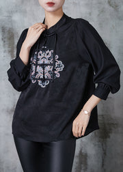 Black Oriental Silk Blouse Top Embroidered Tasseled Spring