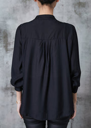 Black Oriental Silk Blouse Top Embroidered Tasseled Spring